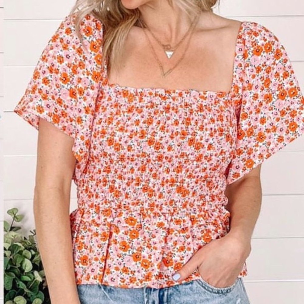 Square Neck Floral Flutter Sleeve Top with Smocked Bodice